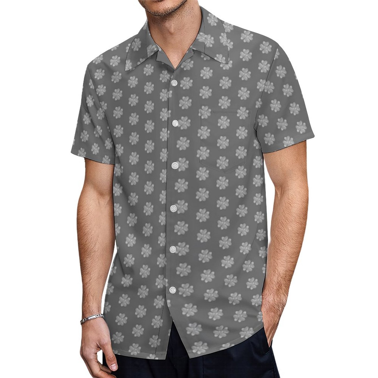 Modern Silver Gray Four Leave Clovers Hawaiian Shirt Mens Button Down Plus Size Tropical Hawaii Beach Shirts