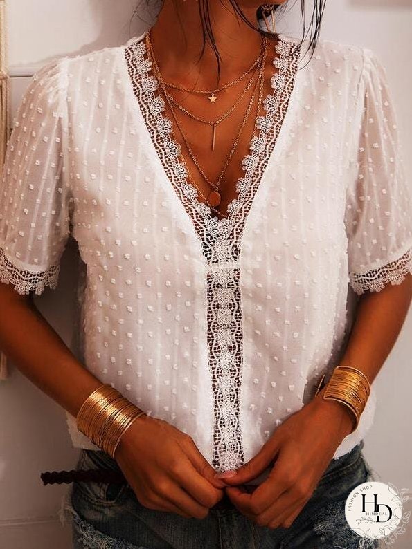Deep V-neck Embroidered Lace Chiffon Blouse