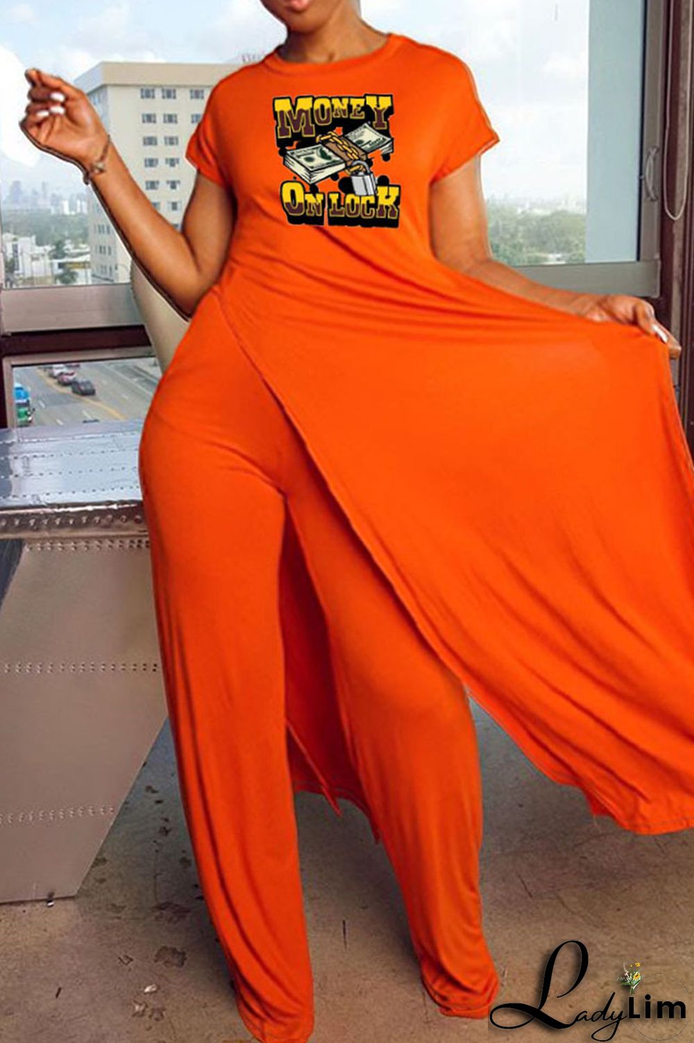 Black Casual Print Patchwork Slit O Neck Short Sleeve Two Pieces