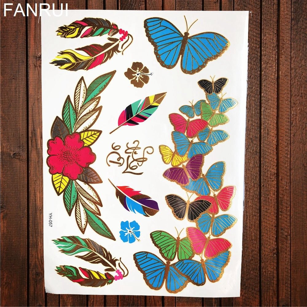 Gold Metallic Butterfly Temporary Tattoo Lance Henna Flower Women Flash Tattoo Sticker Girl Body Hand Art Waterproof Tatoos Leaf
