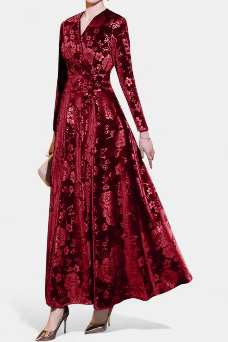 V-Neck Long Sleeve Velvet Floral Maxi Dress