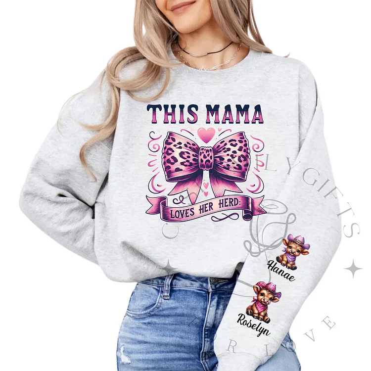 Mom's Favorite Herd Sweatshirt Cute Highland Cattle Funny Custom Kid’s Name Sweater, This Mama Loves Herd Shirt