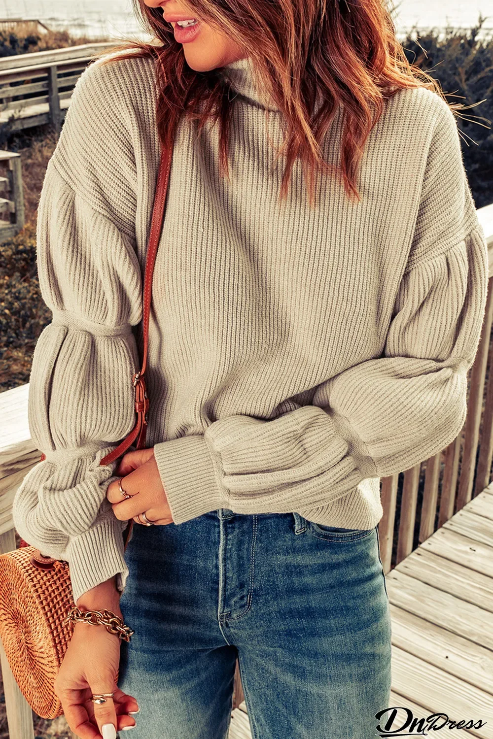Khaki High Neck Drop Shoulder Rib Knit Sweater