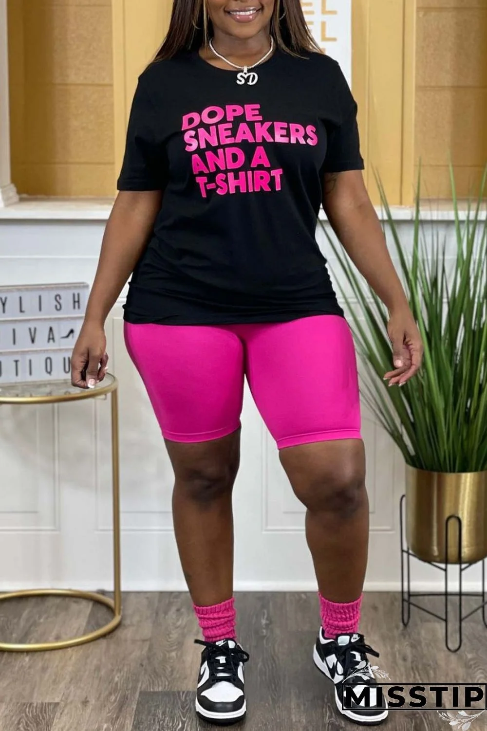 Black Rose Red Casual Letter Print Basic O Neck Plus Size Two Pieces