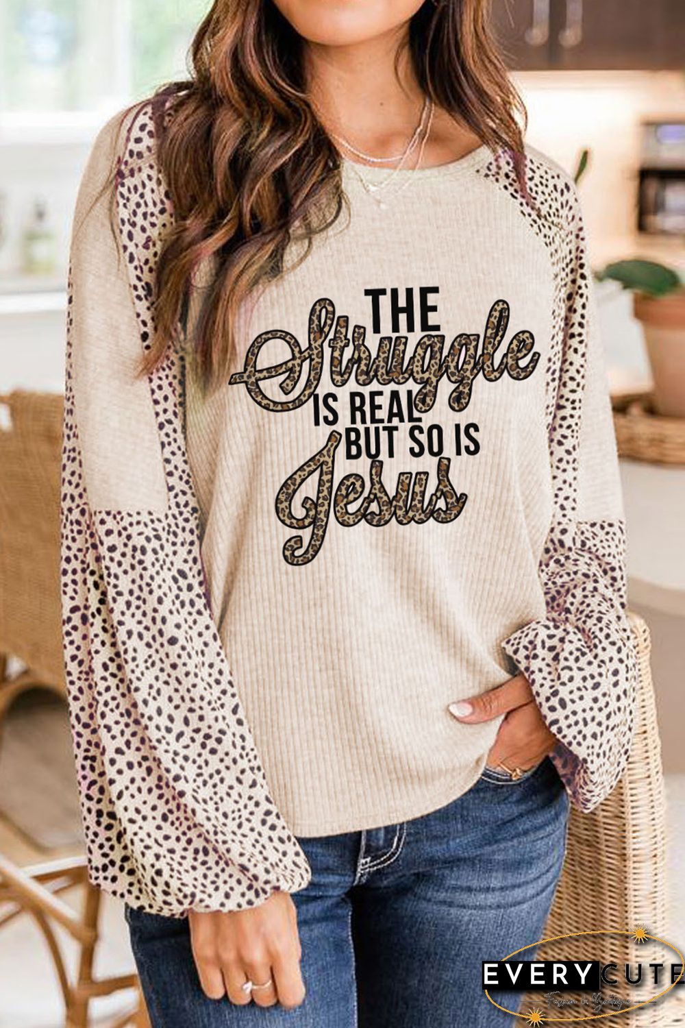 Khaki Hello PUMPKIN Leopard Color Block Long Sleeve Top