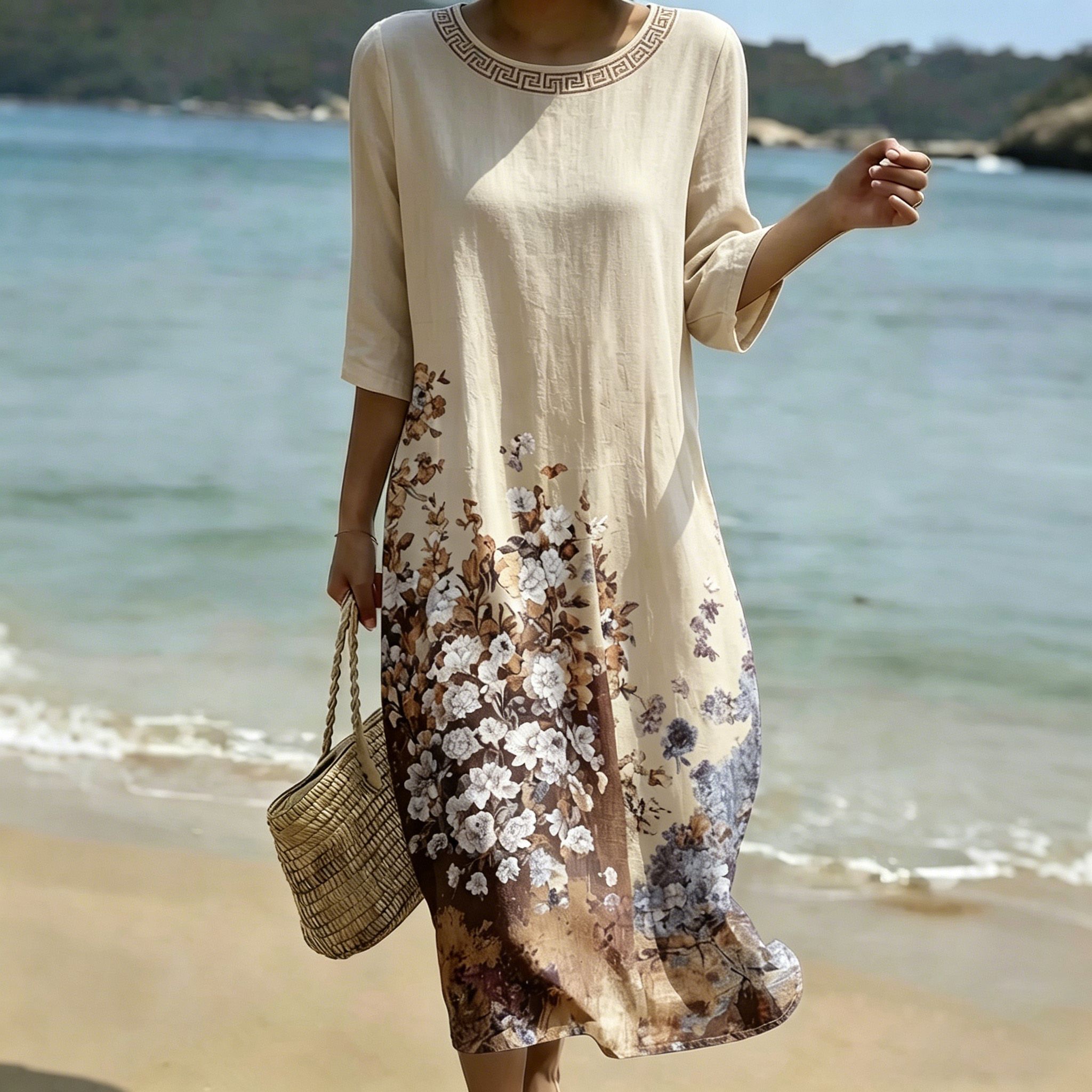 Women's Retro Floral Art Print Round Neck Dress elevenforest