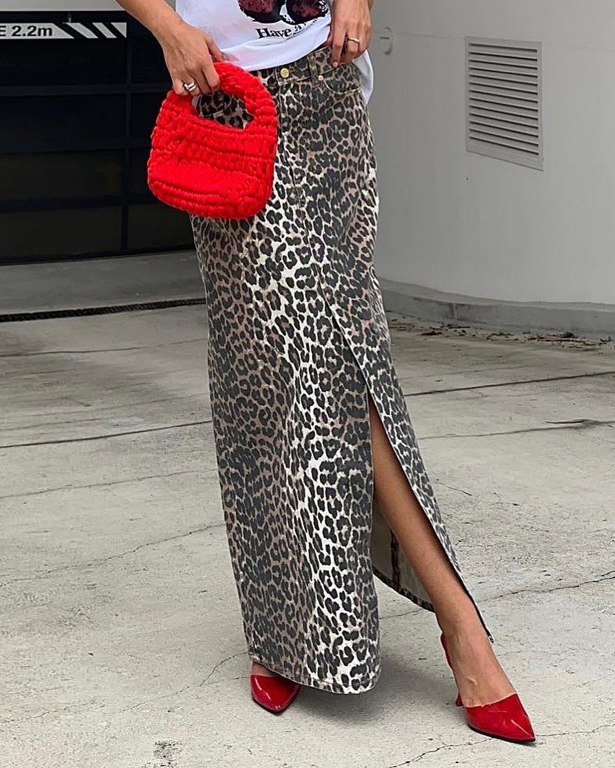 Leopard Print Side Split Maxi Skirt