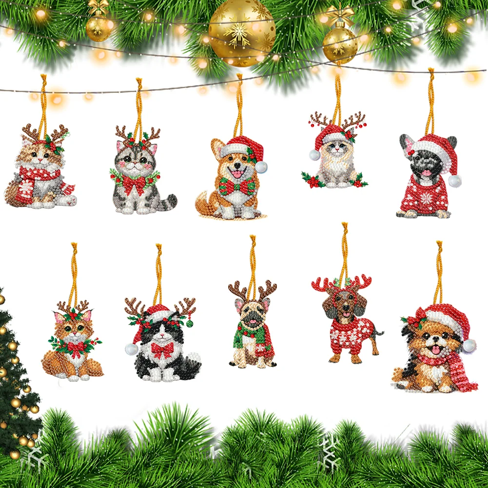10Pcs Christmas Cats Dogs Diamond Painting Christmas Tree Pendant 