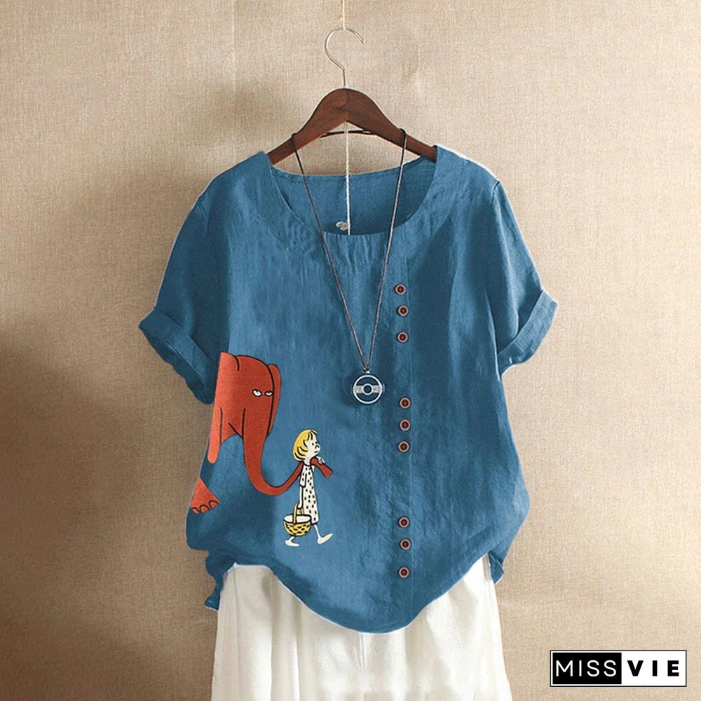 Blue Floral Cotton-Blend Short Sleeve Shirts & Tops