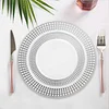 10 Pack | 9" Silver Plaid Hot Stamped Rim White Plastic Dinner Plates, Disposable Checkered Rim Party Plates