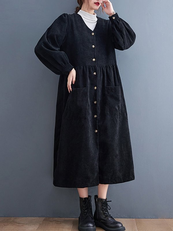 Vintage Split-Joint V-Neck A-Line Corduroy Midi Dress