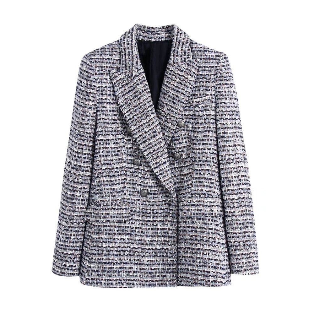 TRAF Women Fashion Tweed Double Breasted Blazer Coat Vintage Long Sleeve Flap Pockets Female Outerwear Chic Veste Femme