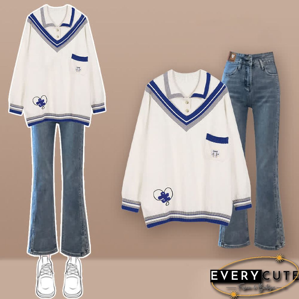 Colorblock Polo Knit Sweater Denim Pants Two Pieces Set