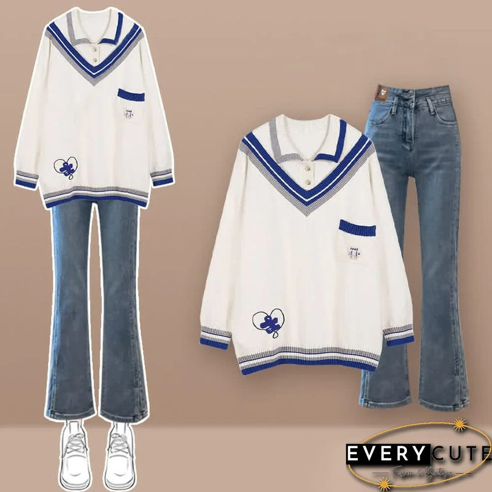 Colorblock Polo Knit Sweater Denim Pants Two Pieces Set