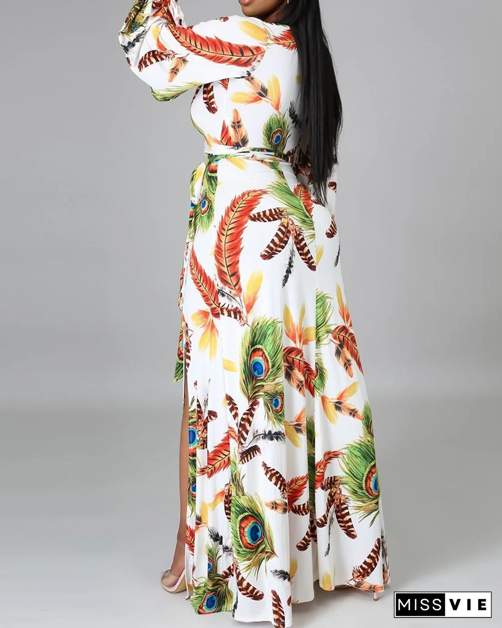 Tropical Print Long Sleeve High Slit Maxi Dress