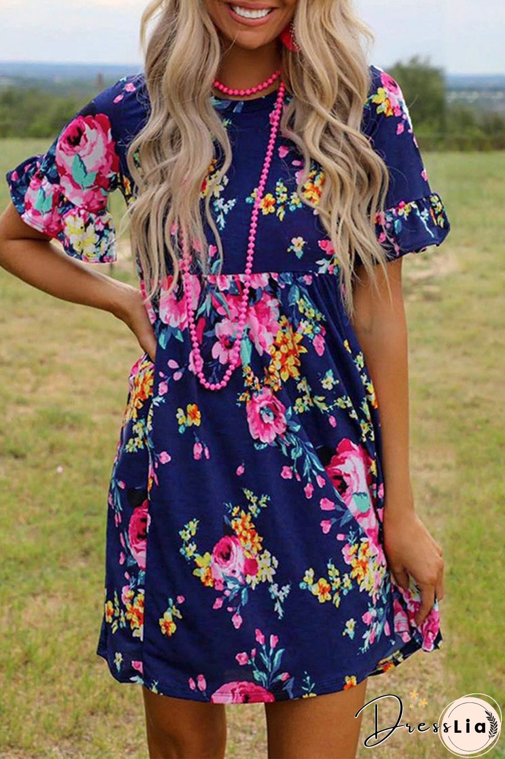 Floral Print Short Sleeve Midi Dress