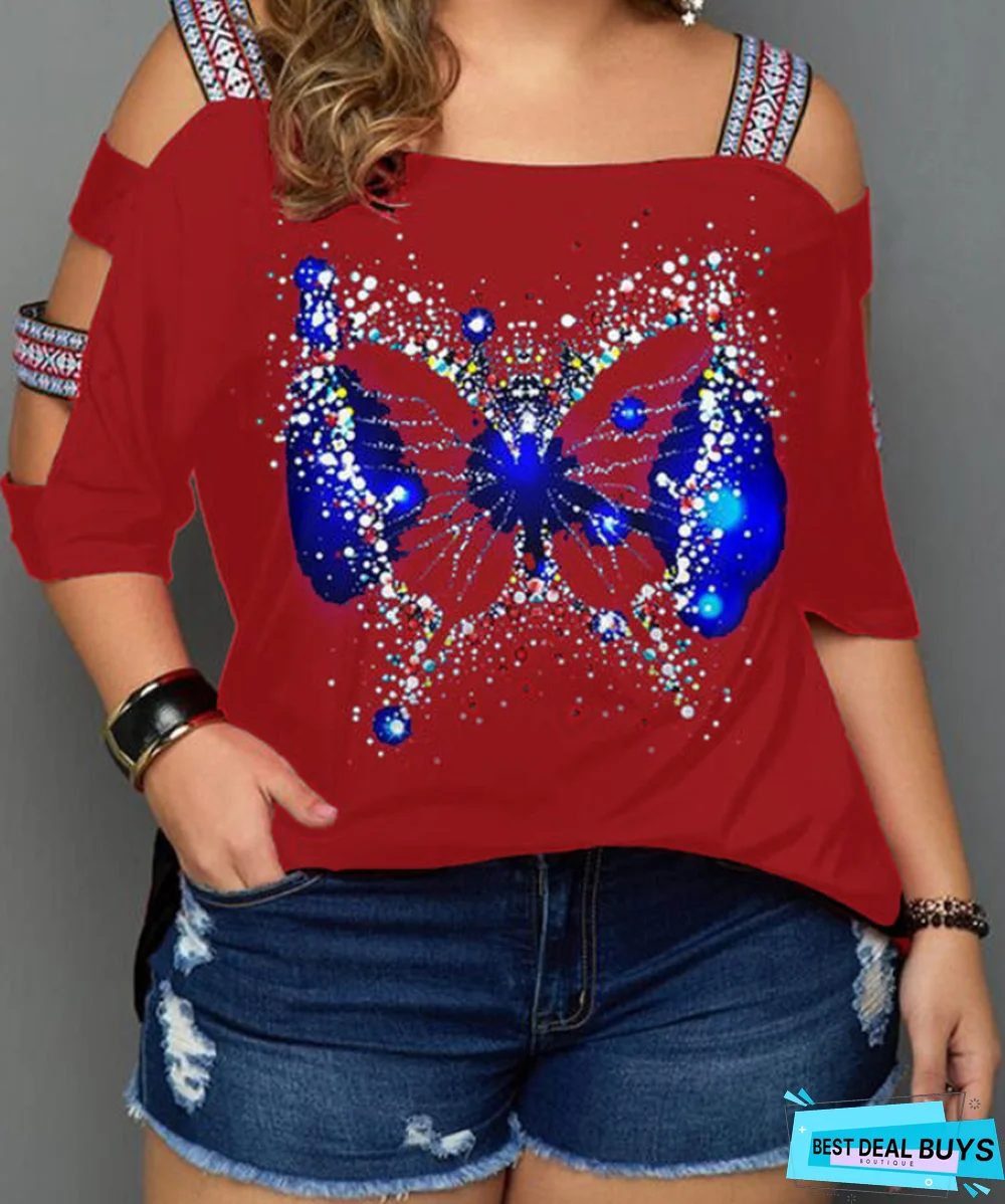 Print Cold Shoulder 3/4 Sleeves Casual Plus Size Blouses