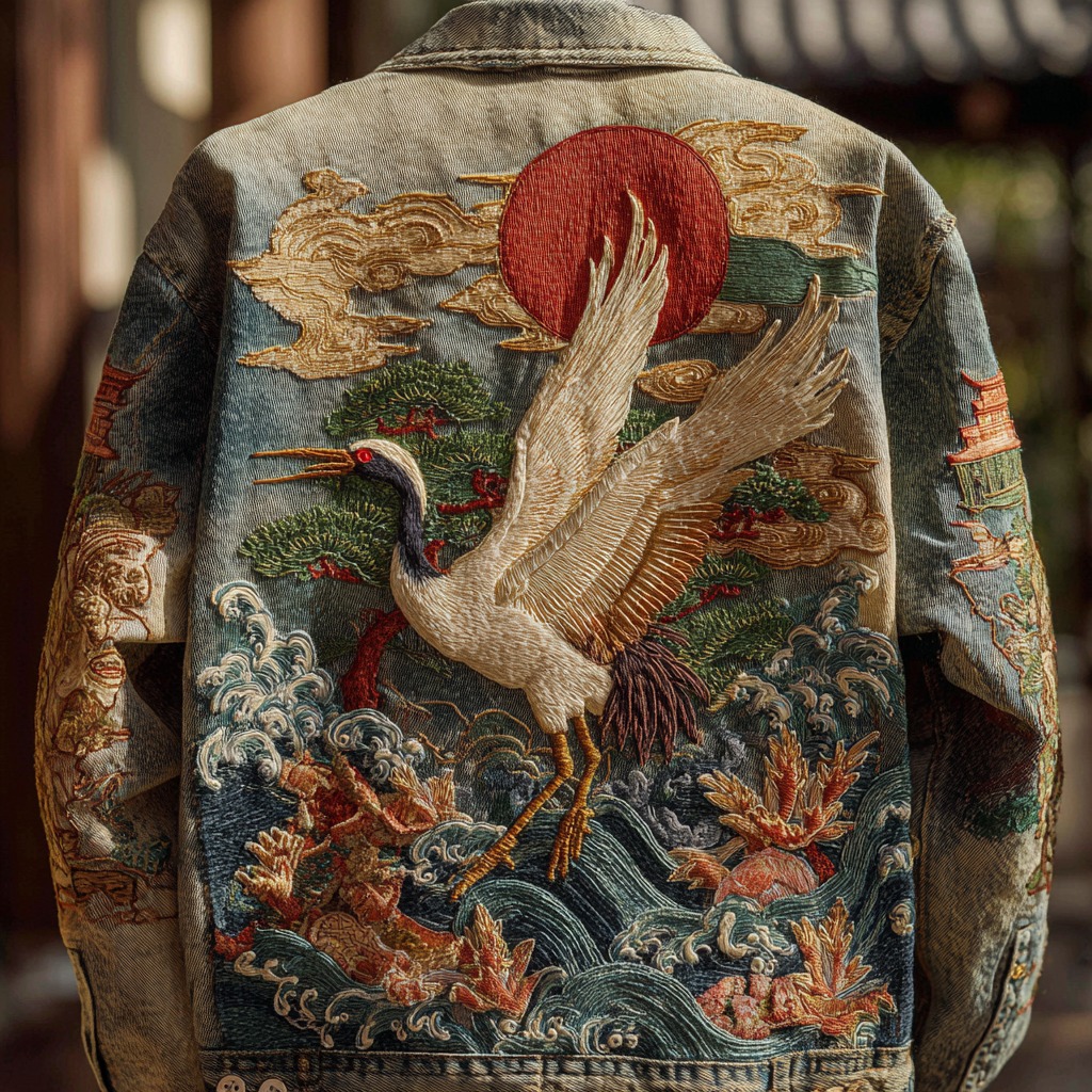 Men's Vintage Japanese Crane And Wave Embroidered Denim Jacket  artssus