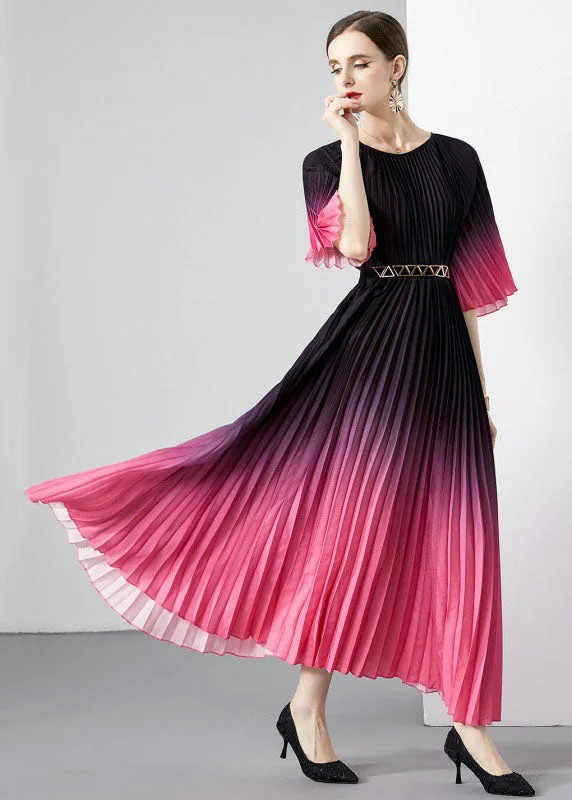 French Rose Wrinkled Sashes Patchwork Chiffon Long Dresses Flare Sleeve
