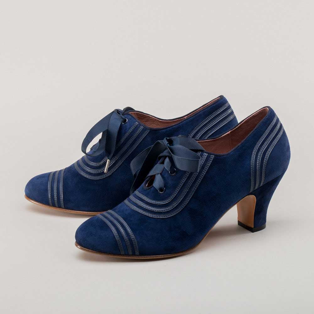 Vintage Vegan Suede Striped Design Lace-Up Oxford Heels in Navy