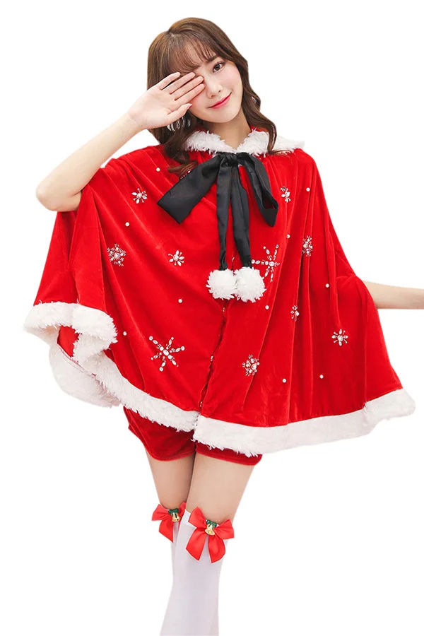 Womens Cute Bowknot Collar Hooded Cloak Santa Christmas Costume Red-elleschic