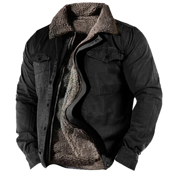 Men's Retro Lining Plus Fleece Zipper Tactical Shirt Jacket、、URBENIE