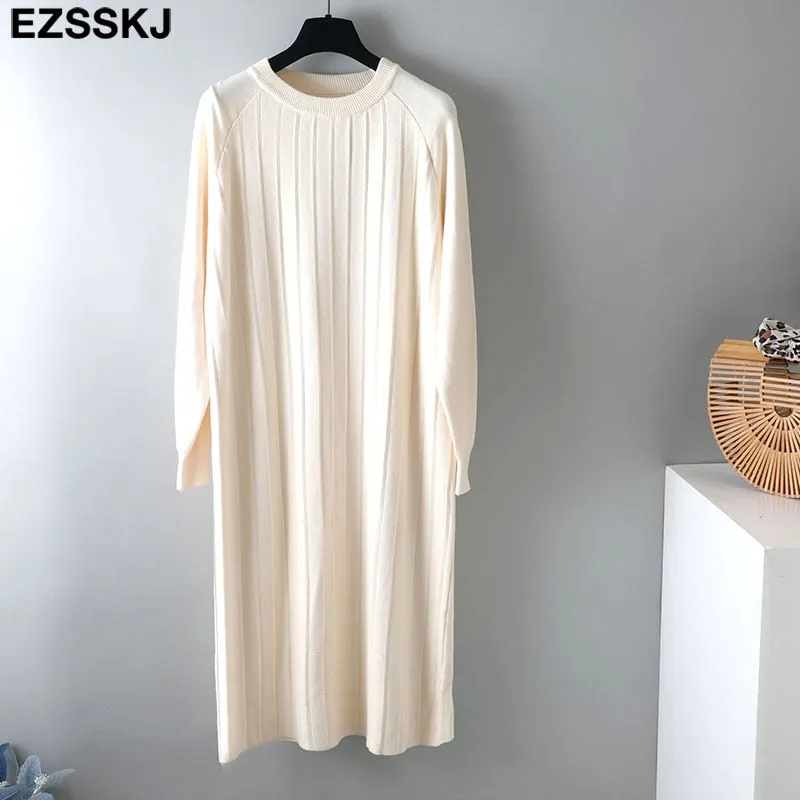2021 Autumn Winter O-NECK Long  straight sweater Dress Women Casual oversize Sweater Dresses maix THICK  batwing sleeve Dress