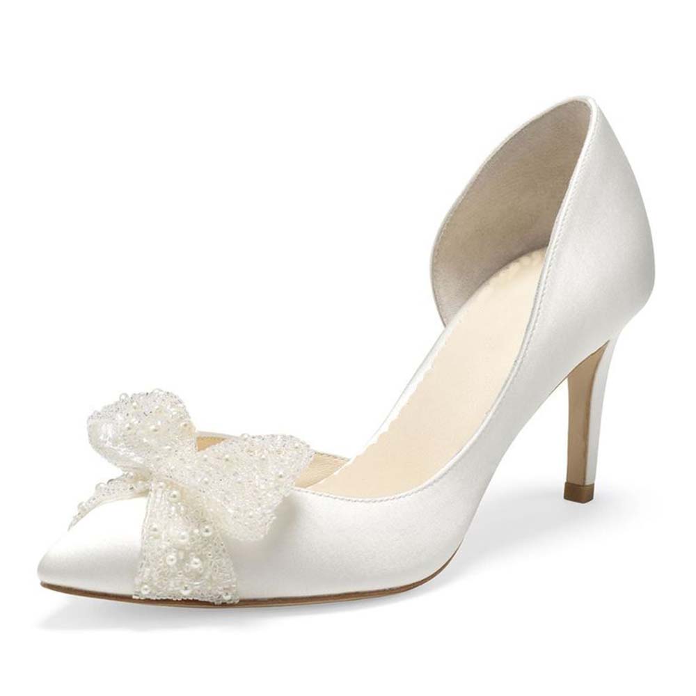 White Satin Pointed Toe Kitten Heel Wedding Pumps with Pearl Bow-Knot Nicepairs