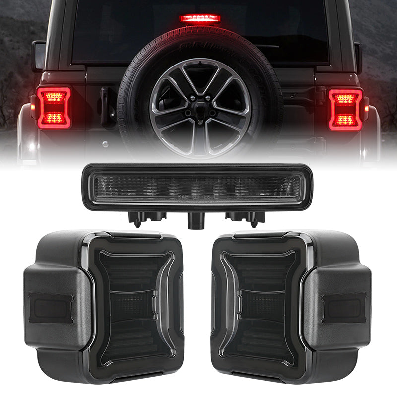 Smoked LED Tail Lights & Smoked LED 3rd Brake Light Compatible For 2018-Later Jeep Wrangler JL