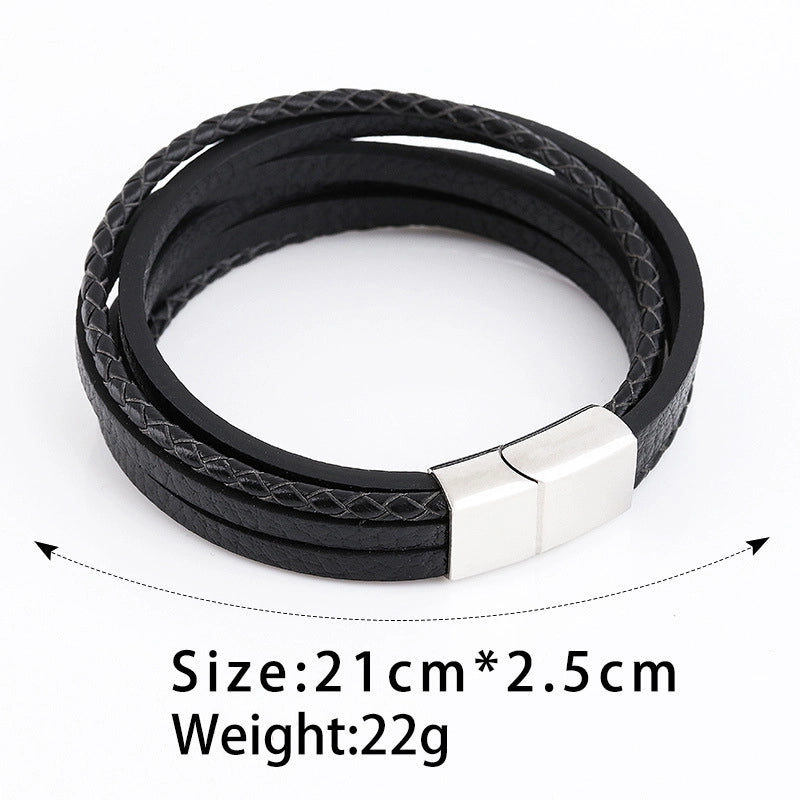 Retro Minimalist Solid Color Pu Leather Alloy Magnetic Buckle Layered Plating Men’s Bracelets Men Cord & Leather Bracelets