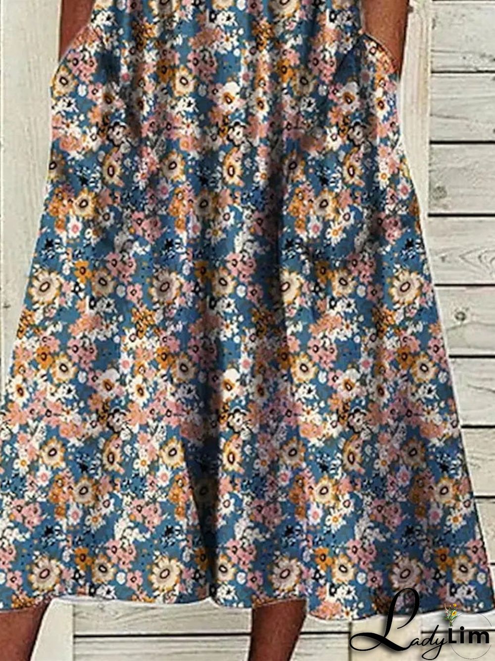 Women's Floral Short Sleeve V-neck Floral Printed Midi Dress with Pockets