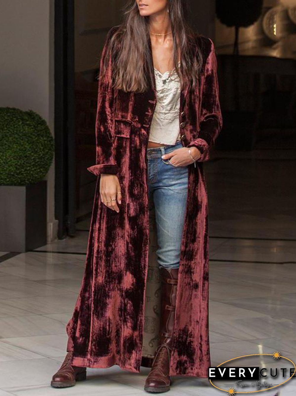 Long Sleeve Red Printed Velvet Cardigan