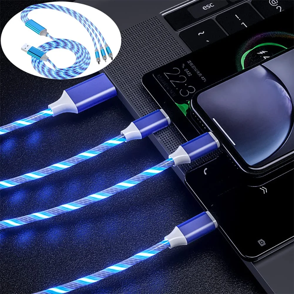 3-in-1 light-up charging cable, USB multi-LED charging cable, light-up charger, compatible with most mobile phones