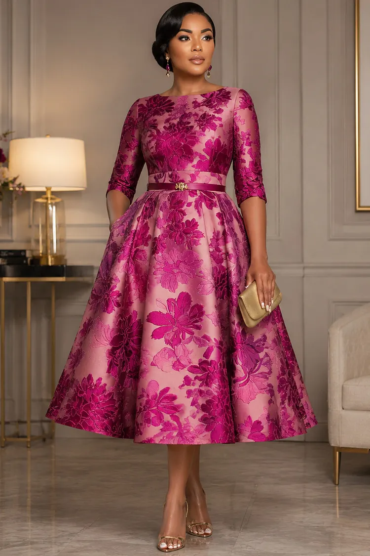 Xpluswear Design Plus Size Wedding Guest Hot Pink Floral Round Neck Half Sleeve Pocket Satin Midi Dresses [Pre-Order] 2024 - Xpluswear