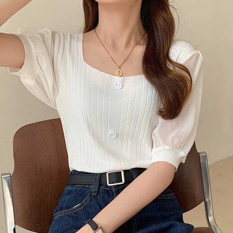 Solid Color Puff Sleeve Knit Blouses QueenFunky