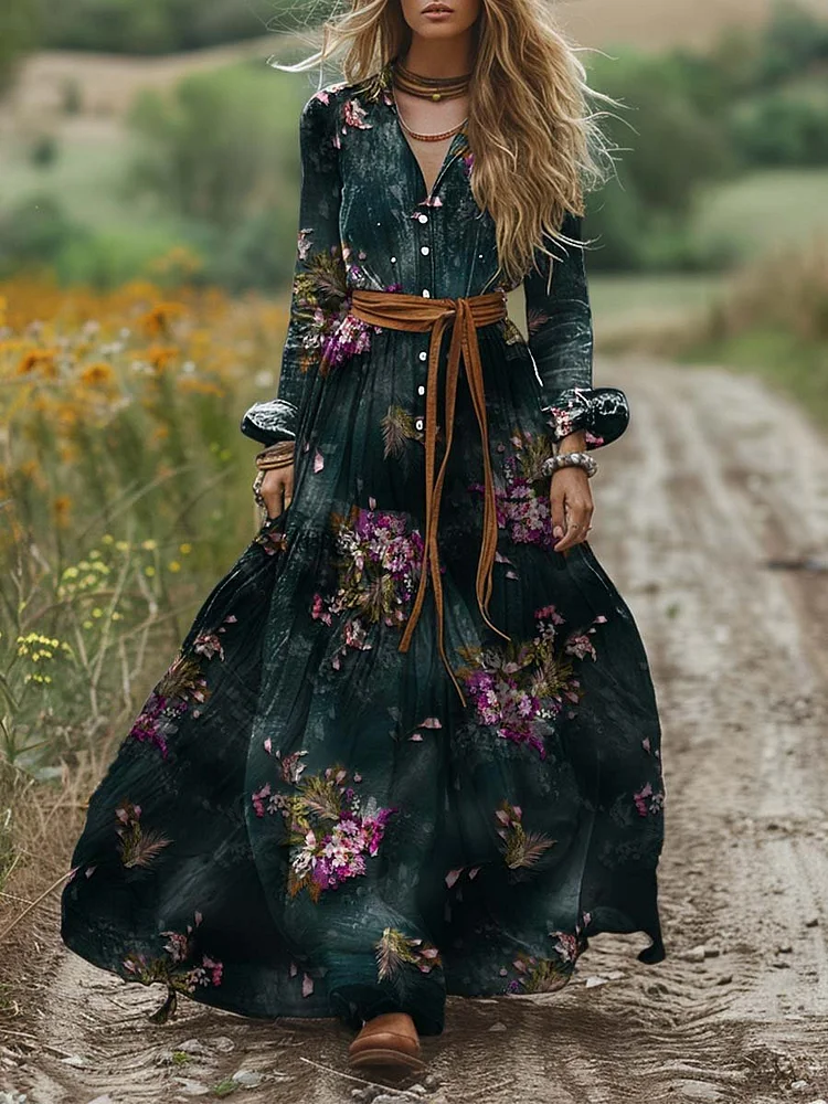 Women's Vintage Shirt Collar Positioning Print Long Sleeve Dress Pocket Cotton Dress