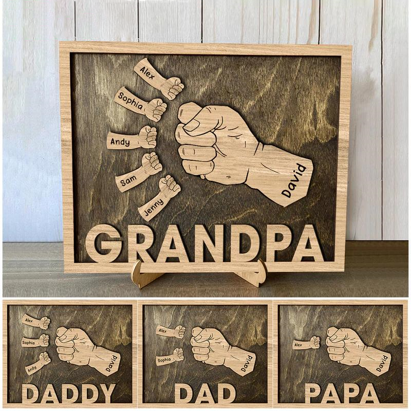 Personalized Home Decor Plaque with Bracket Customized Family Names Hands Frame Gifts for Him, Dad, Son, Grandpa Personalized Father’s Day Gifts