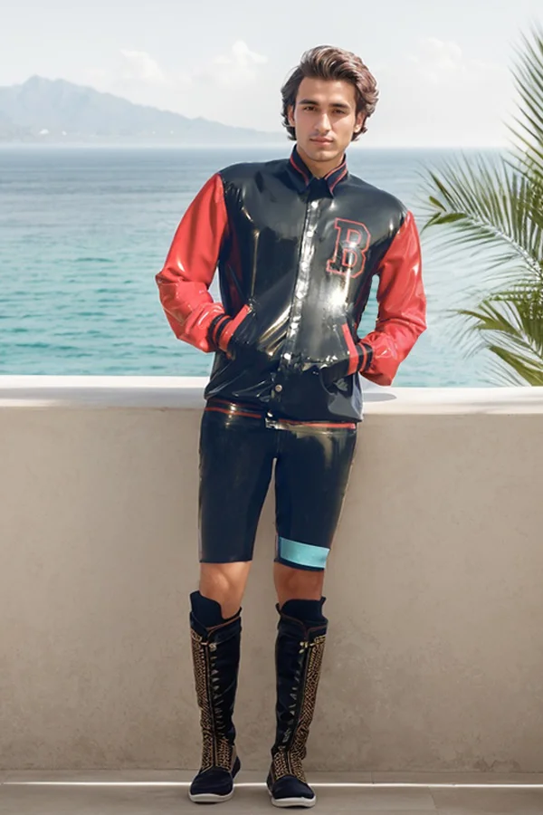 Men Latex Jacket Black College Varsity