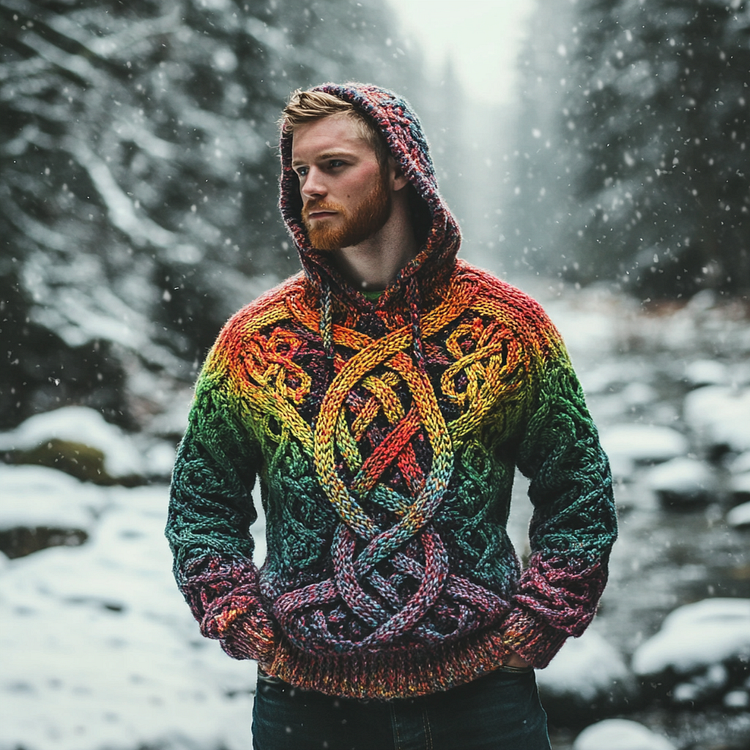 VChics Men's Vintage Rainbow Irish Celtic Knot Jacquard Mottled Hooded Sweater