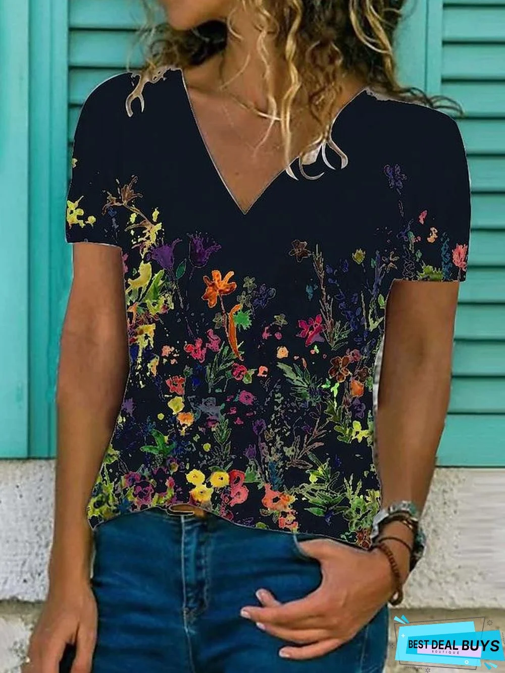 Women's Floral Theme T-Shirt Floral Flower Print V Neck Tops Basic Top White Black Blue