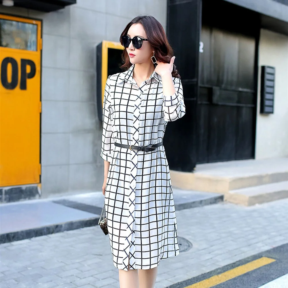 Chiffon Dresses 2020 Summer Women Casual Plaid Striped Dress Tunics Beach Cover Vintage Dress Tunic Robe Femme Cardigan Dresses