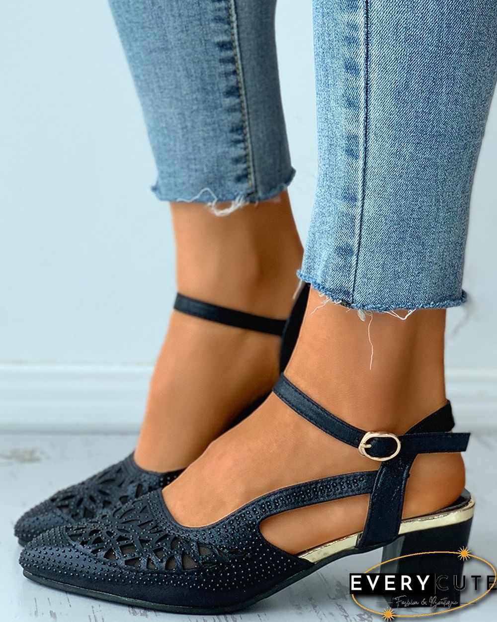 Pointed Toe Studded Cutout Chunky Heels