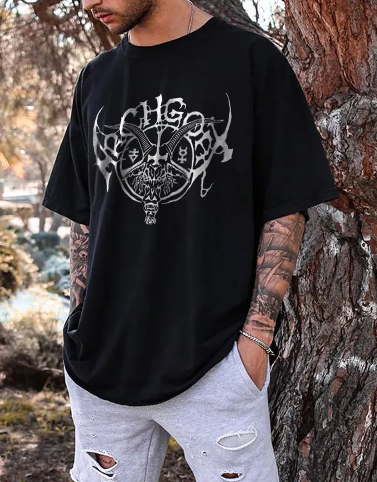 Satanic Goat Print Graphic T-shirt / TECHWEAR CLUB / Techwear