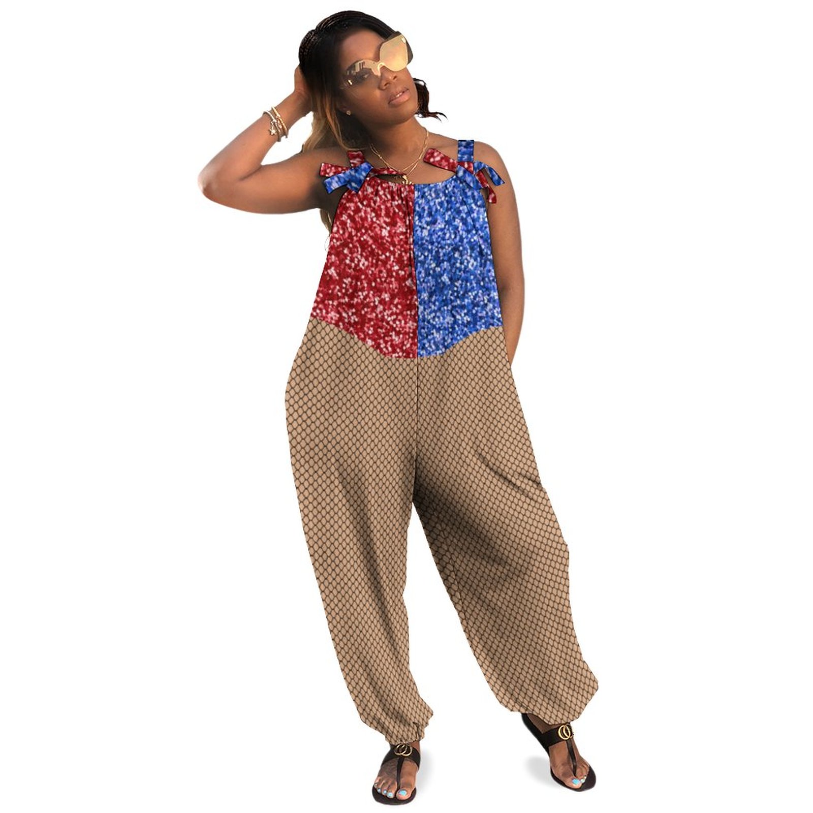 Women Plus Size Jumpsuit Summer Loose Harem Pants Red Blue Sequin Shorts With Fishnet Stockings Best Overalls Fitted Romper Dressy Casual Pockets