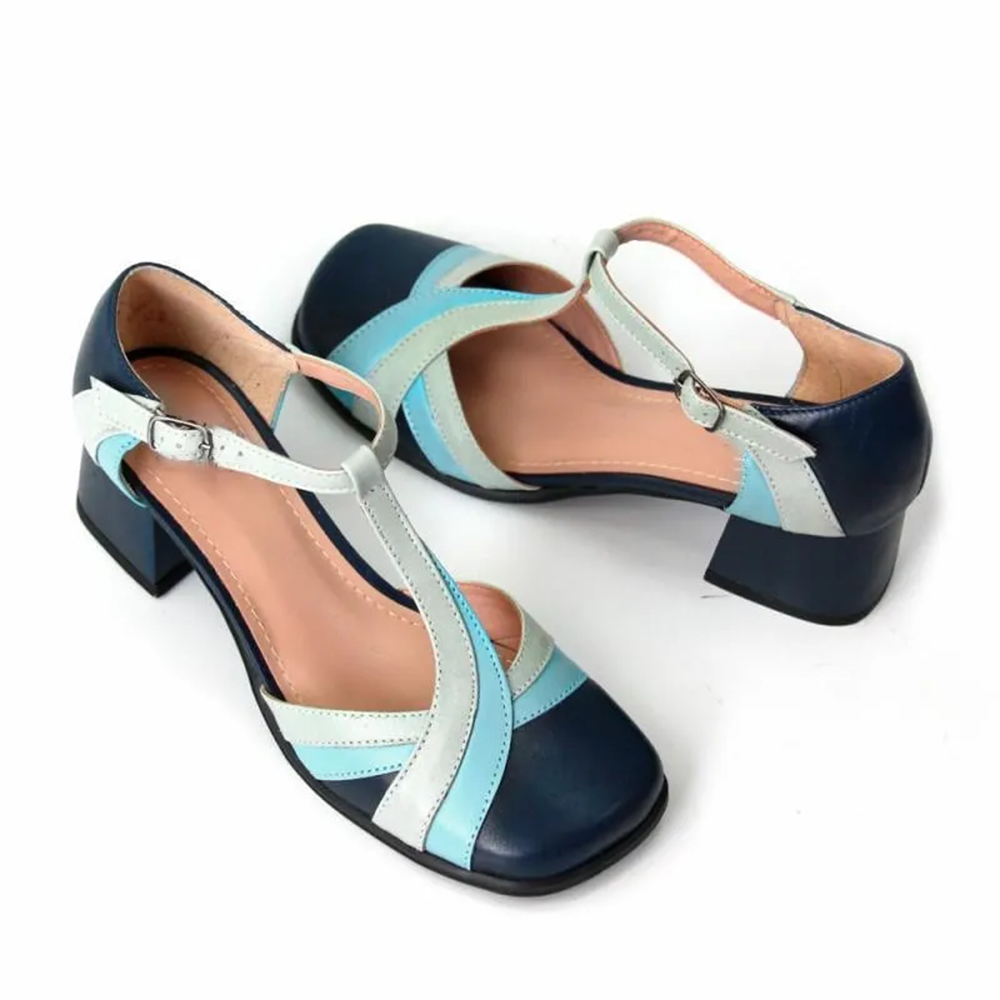 Blue  Closed Toe T-Strappy Sandals With Low Chunky Heels Nicepairs