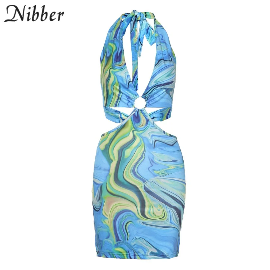 Nibber Club Wild Contrast Hollow Out Woman Dresses Summer Sexy Bodycon Patchwork Streetwear Casual Low-cut Halter Beach Dress