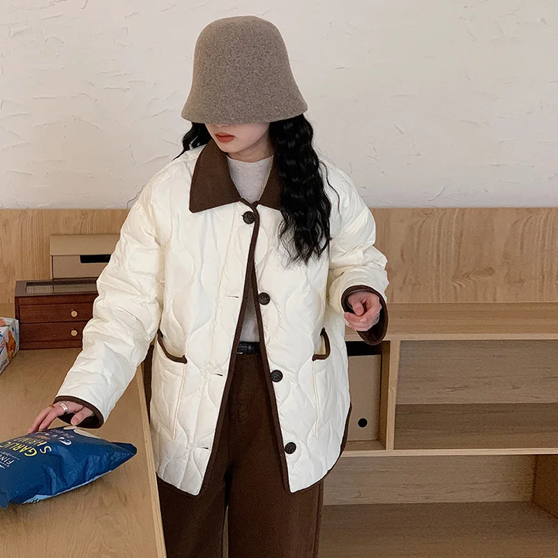 Toloer Corduroy Splicing Down Jacket Female 2024 Winter Fashion Design Sense Ling Warm Small Fragrant Wind White Duck Down Coat-Outfit Ideas