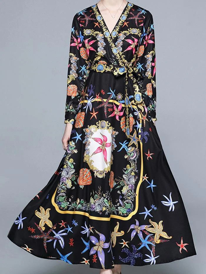 V-neck Long-sleeved Printed Lace-up Dress