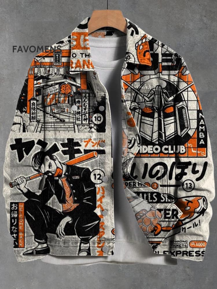Japanese Art Illustration Vintage Print Casual Denim Jacket Multicolor / S