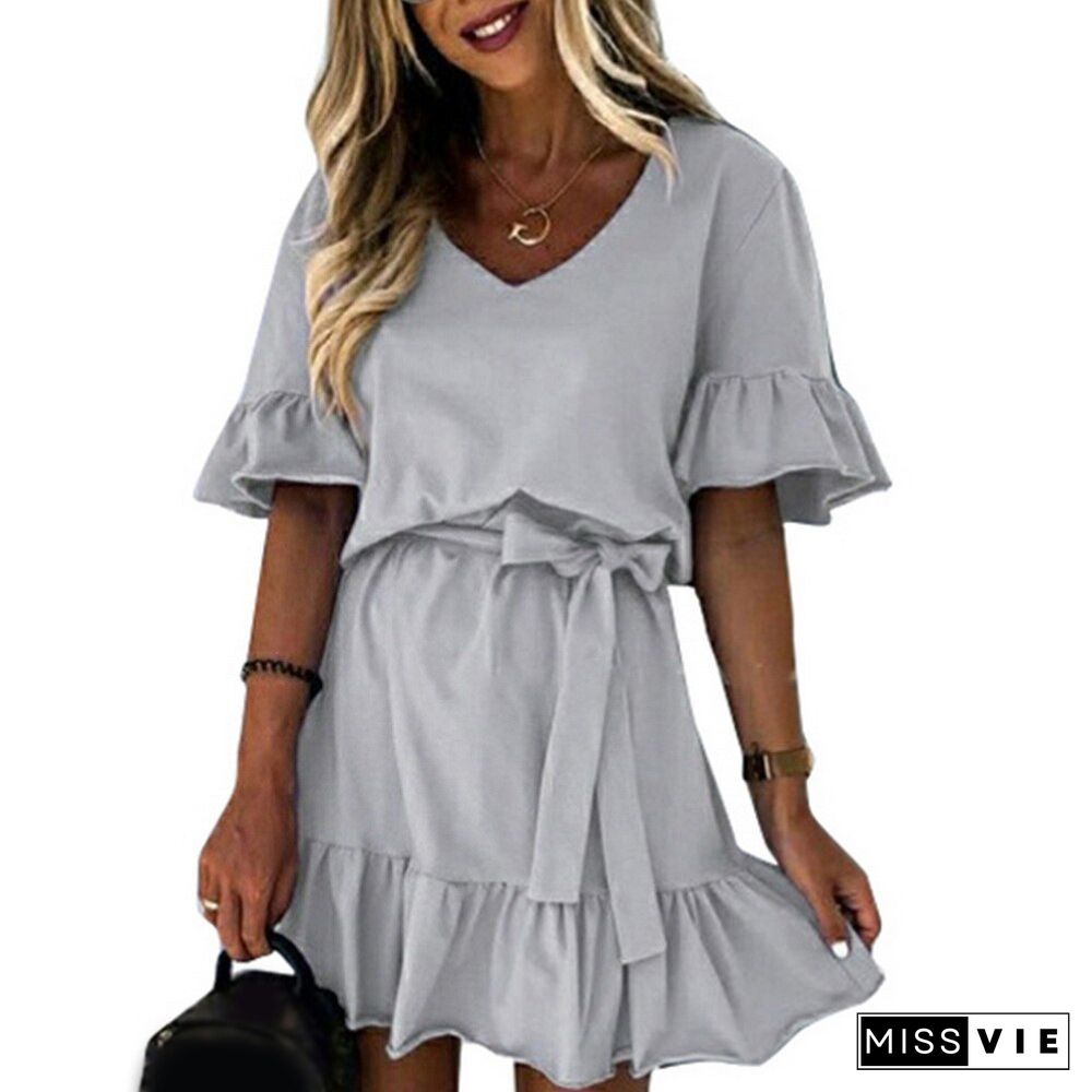 Ladies Sexy Ruffle Mini Dress Casual Short Sleeve Women Party Dresses Elegant V Neck Lace-up Summer Dress Female Vestidos D30